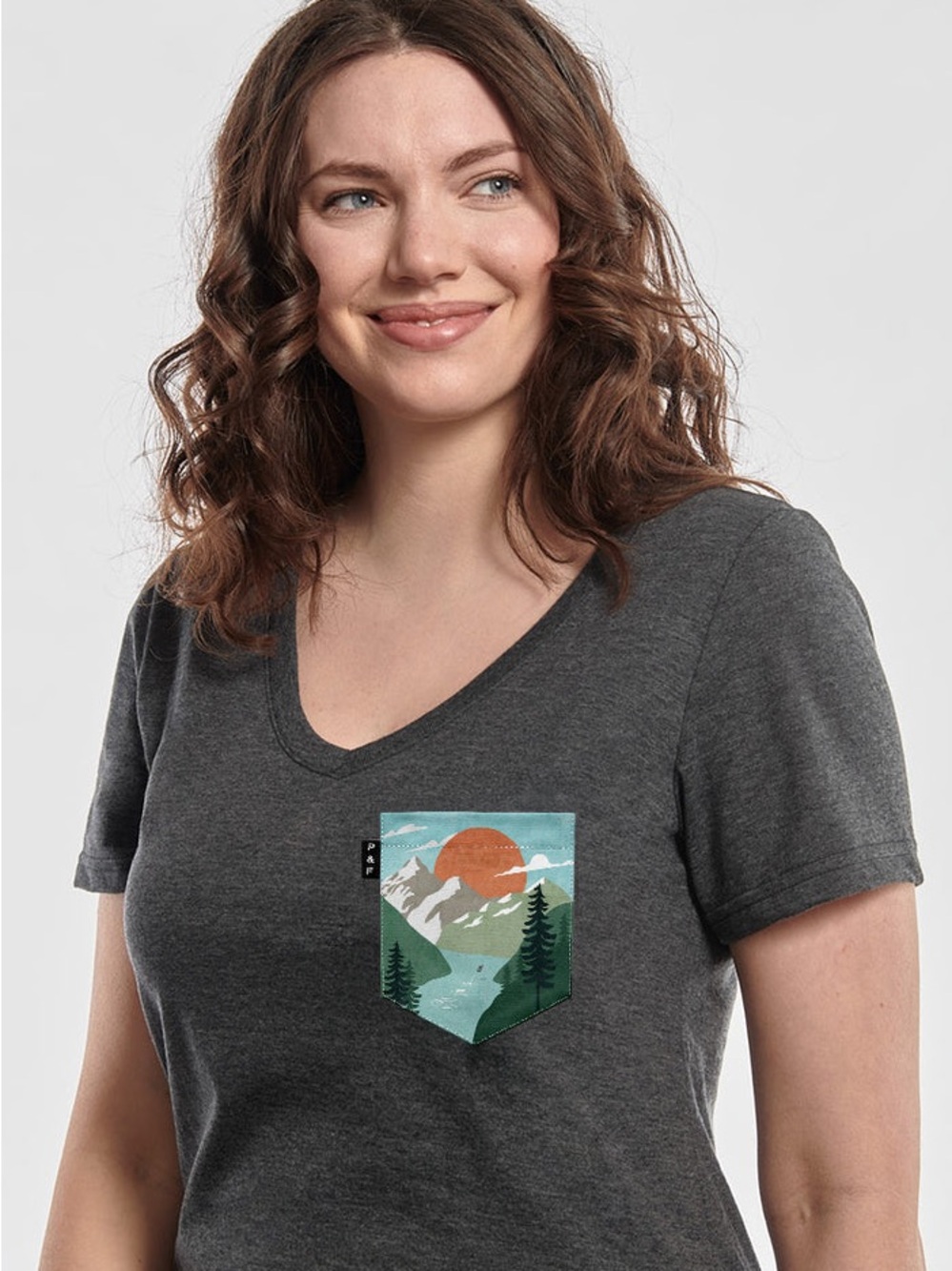 Women’s Charcoal V-Neck Short Sleeve Tee with Scenic Pocket Graphic